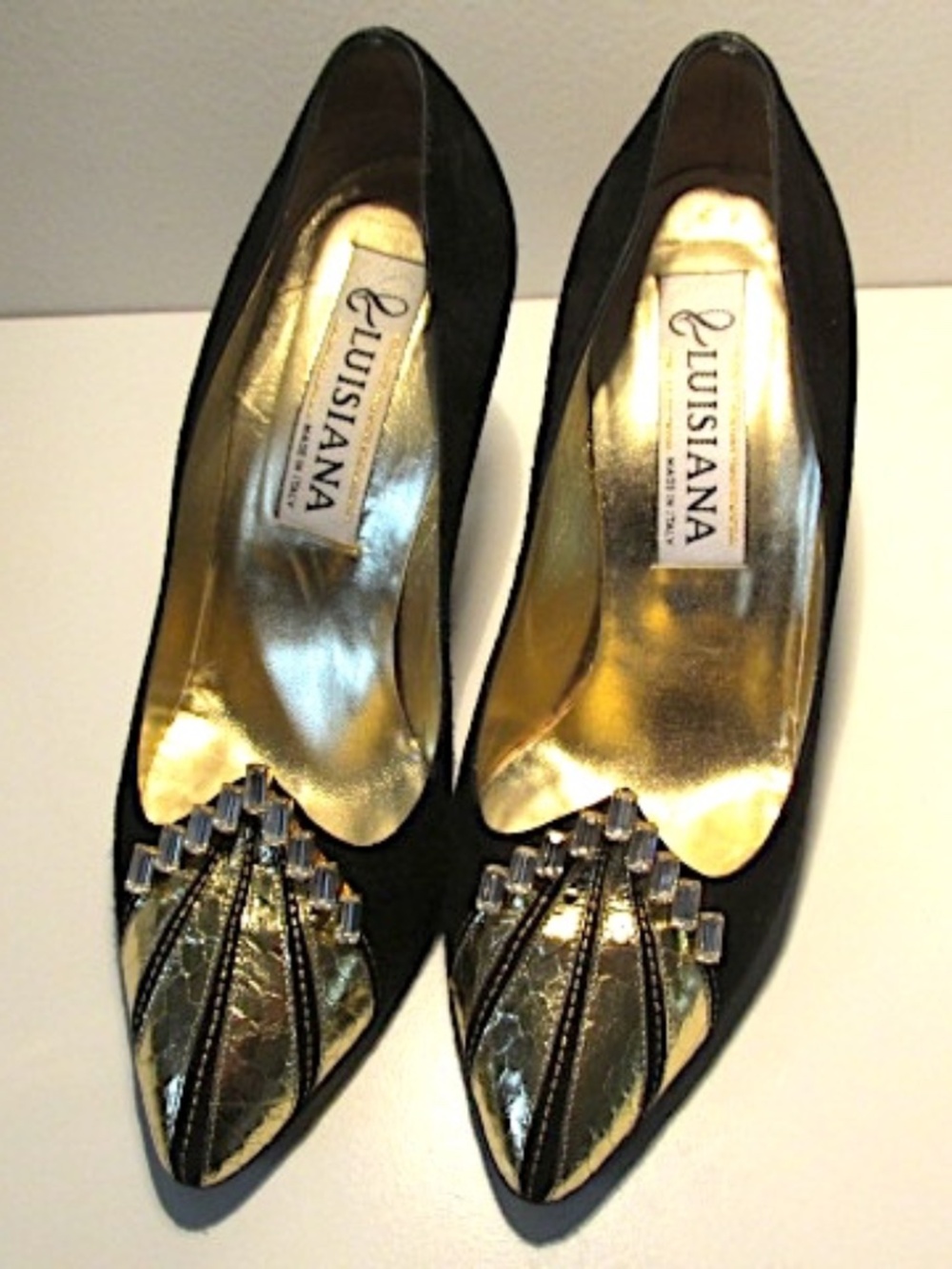 VTG Black&Gold Suede Pumps with Rhinestone Toe, Size 36.5